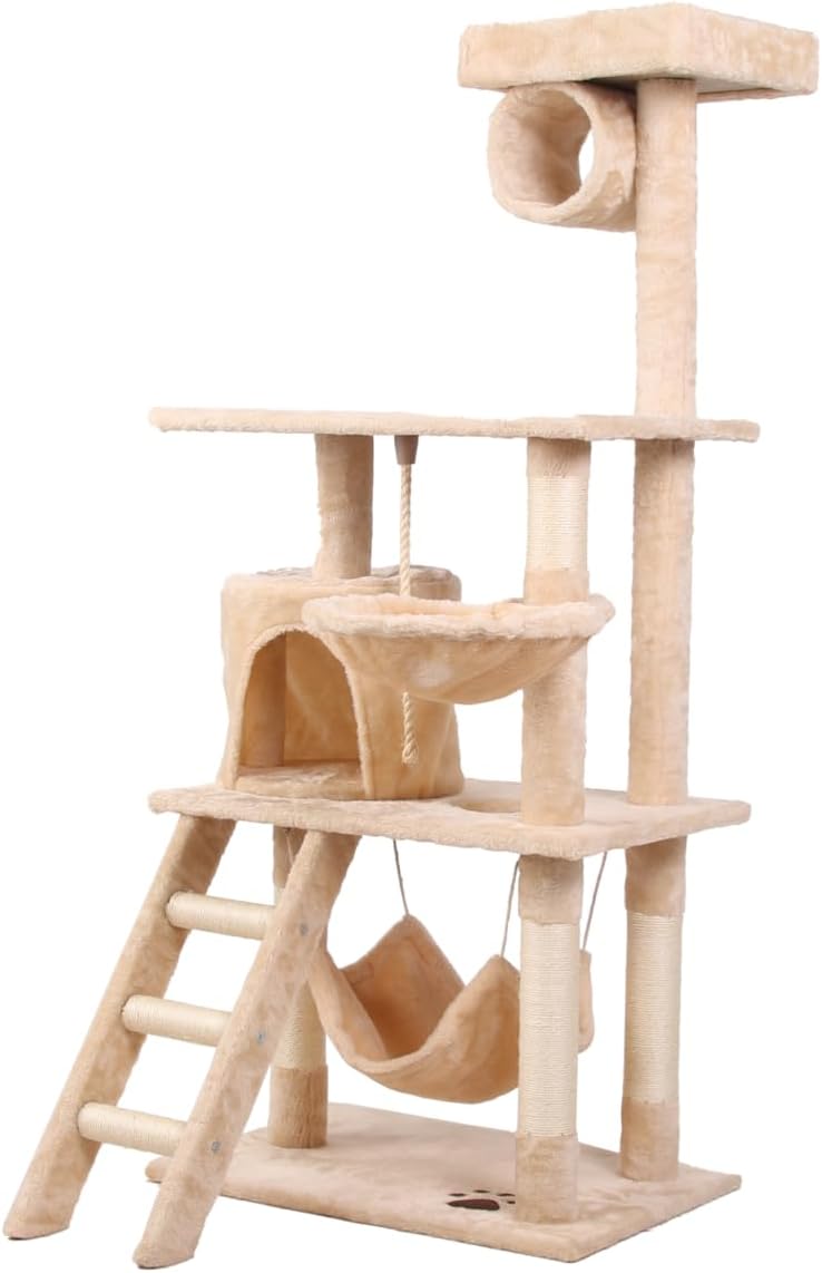 CARLA HOME 141cm Cat Tree Tower for Indoor Cats – Plush Perch, Ladder, Hammock & Condo (Beige)