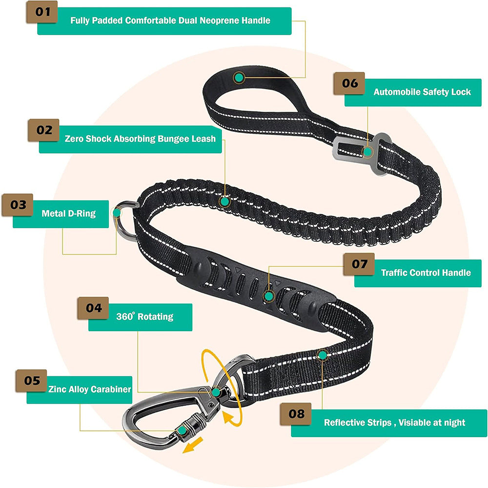 Red Heavy Duty Elastic Bungee Dog Leash | Anti-Pull Safety Shock Absorber | Multi-Functional Training Lead for Medium to Large Dogs