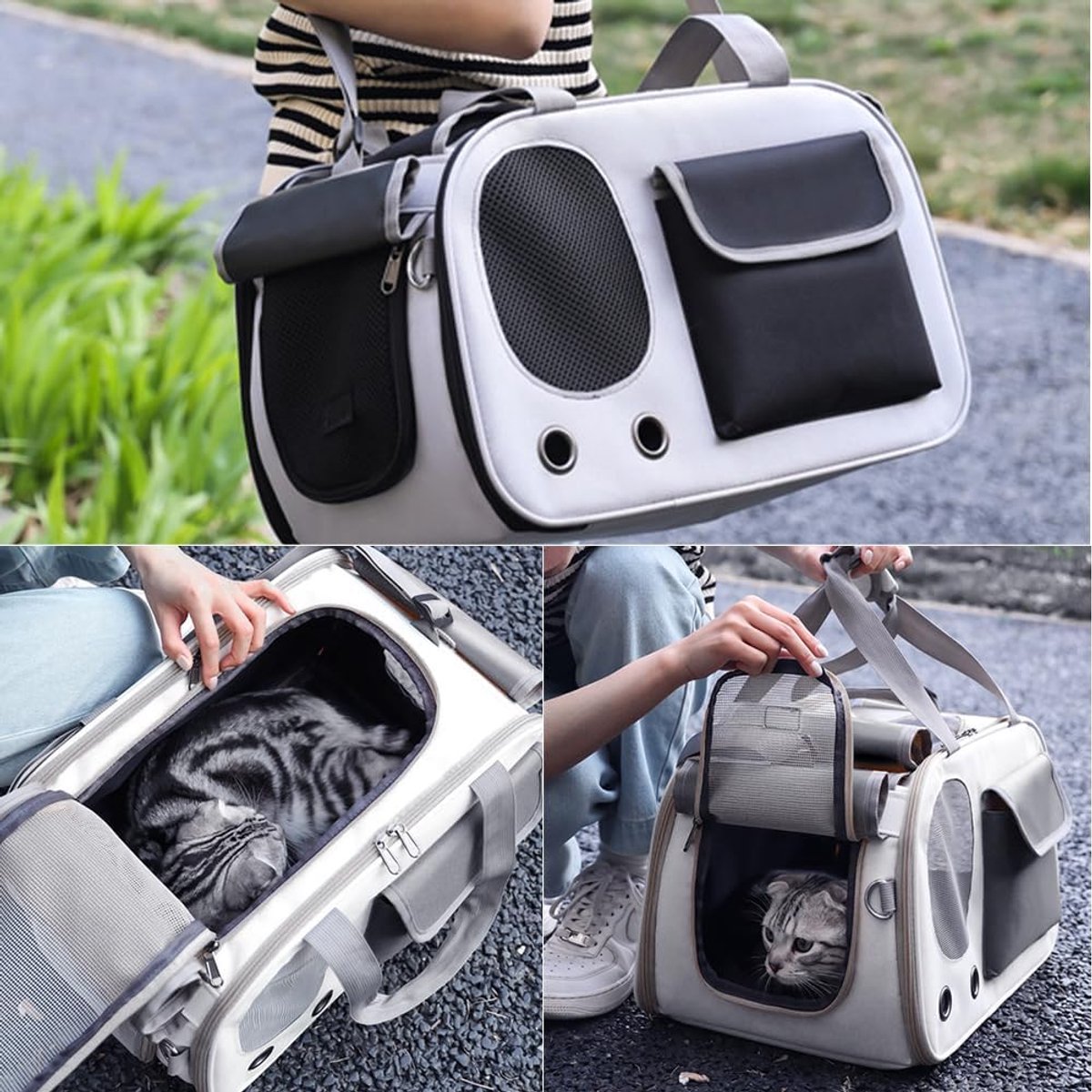 Foldable Pet Carrier Bag for Cats & Small Dogs – Breathable Mesh, Roller Shutter & Fleece Cushion (Black, 45x28x26cm)