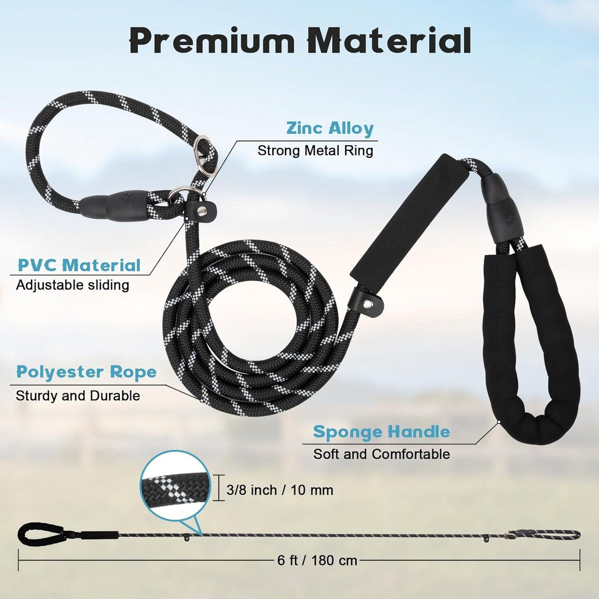 1.8m Dog Training Leash with Reflective Thread & Dual Handles