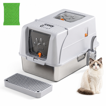 Large Covered Cat Litter Box – Stainless Steel Tray, Front Entry, Anti-Tracking Mat, Scoop & Filter