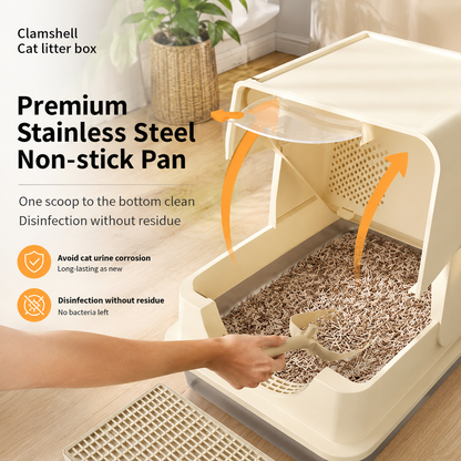 Large Covered Cat Litter Box – Stainless Steel Tray, Front Entry, Anti-Tracking Mat, Scoop & Filter