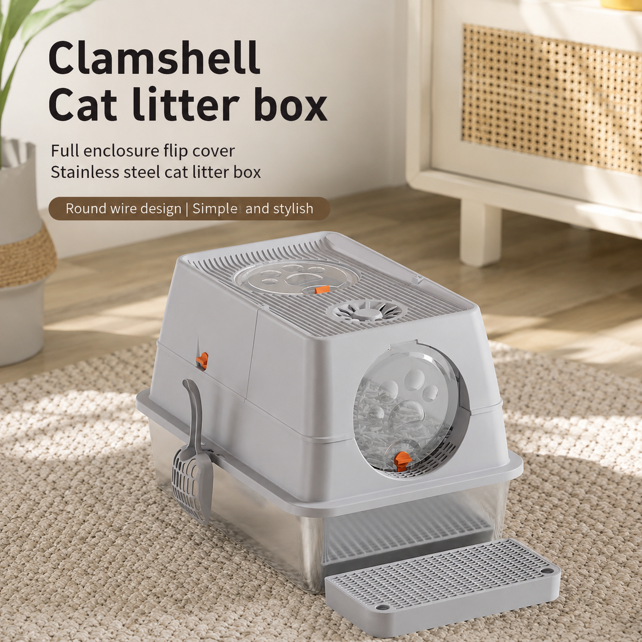 Large Covered Cat Litter Box – Stainless Steel Tray, Front Entry, Anti-Tracking Mat, Scoop & Filter
