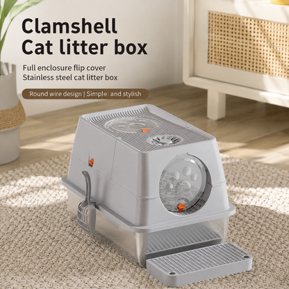 Large Covered Cat Litter Box – Stainless Steel Tray, Front Entry, Anti-Tracking Mat, Scoop & Filter