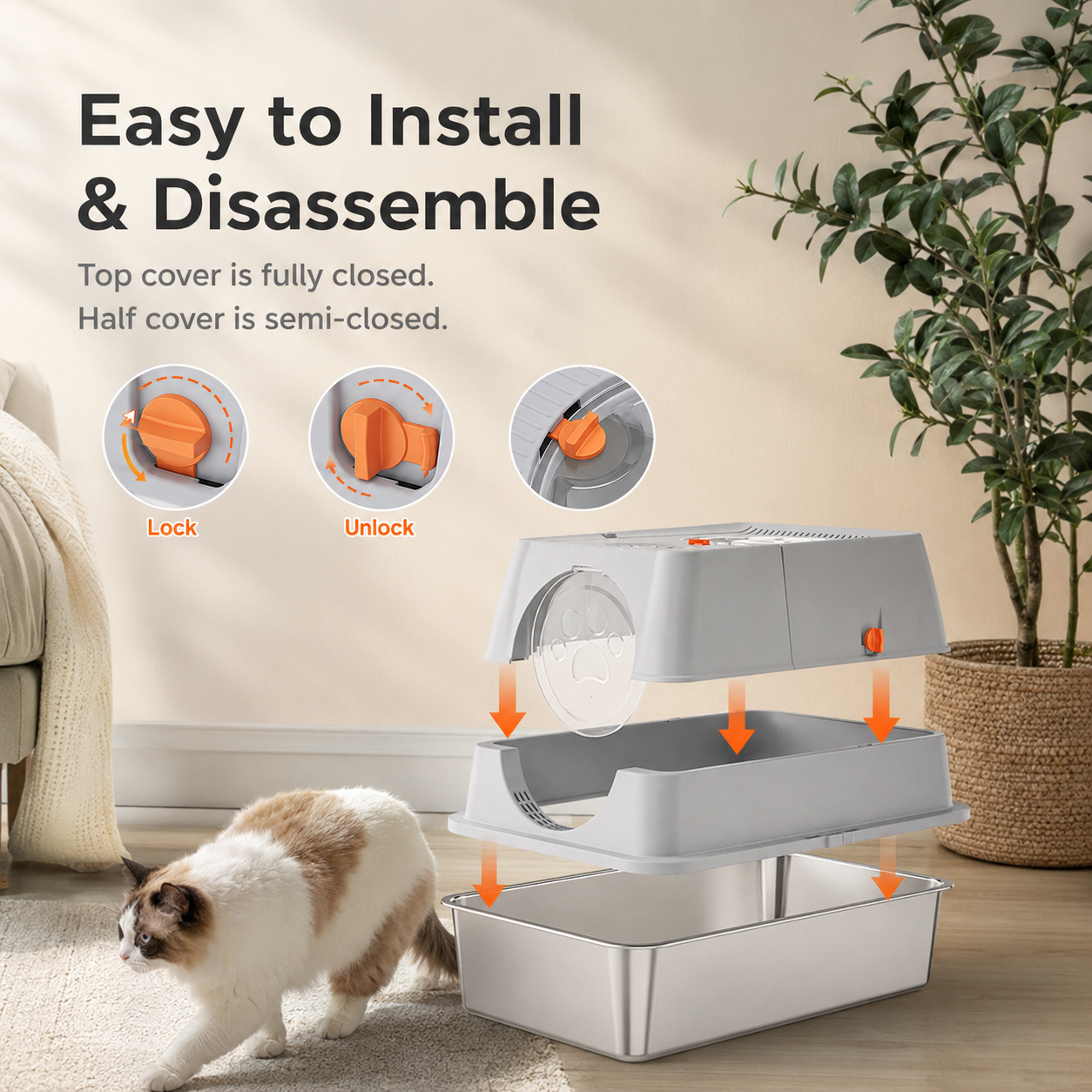 Large Covered Cat Litter Box – Stainless Steel Tray, Front Entry, Anti-Tracking Mat, Scoop & Filter