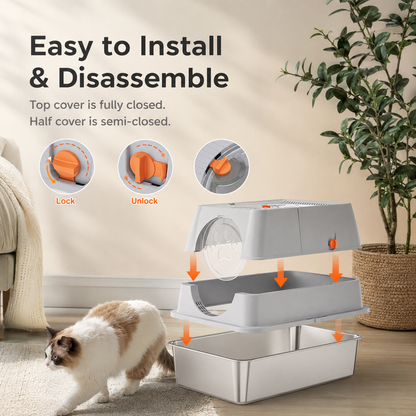 Large Covered Cat Litter Box – Stainless Steel Tray, Front Entry, Anti-Tracking Mat, Scoop & Filter