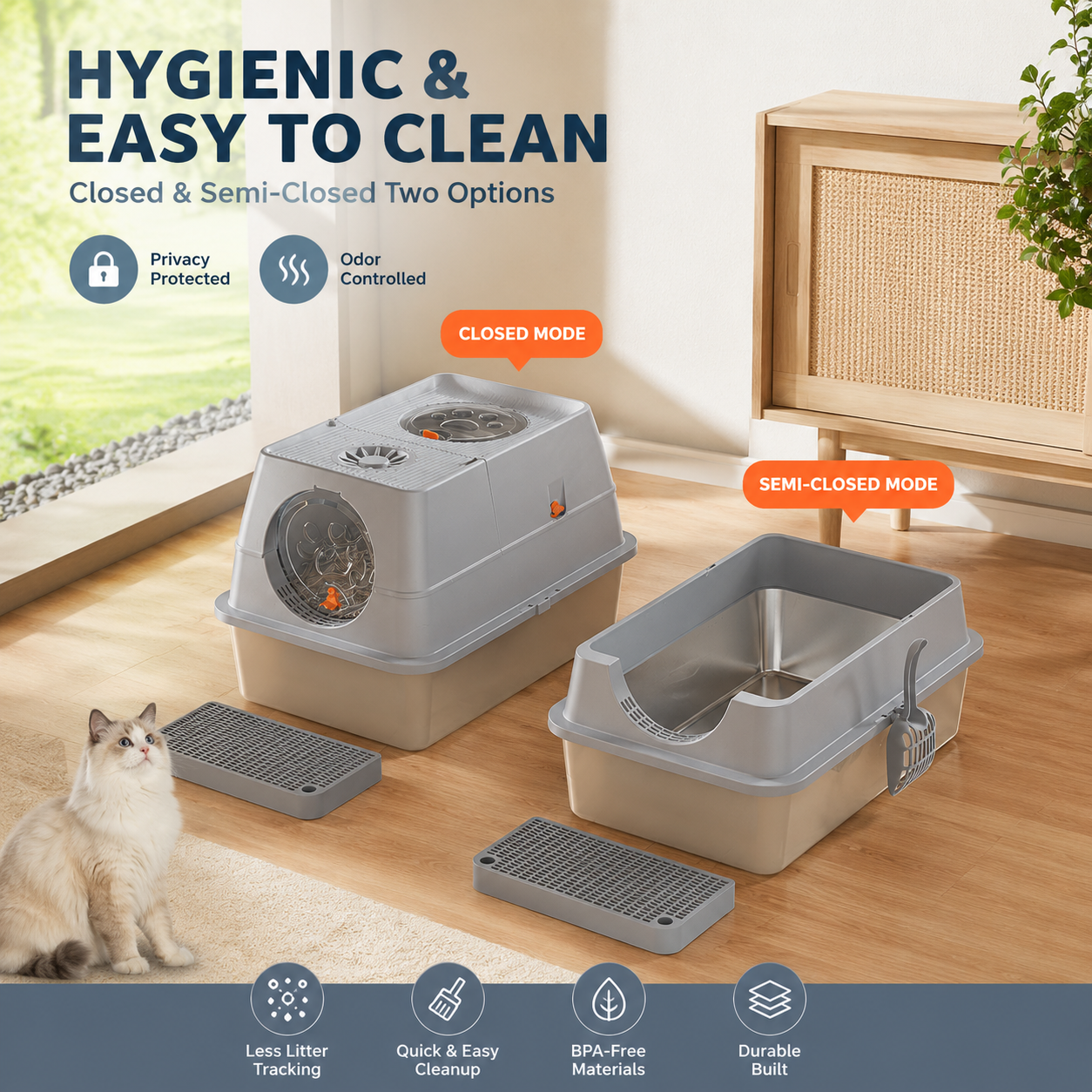 Large Covered Cat Litter Box – Stainless Steel Tray, Front Entry, Anti-Tracking Mat, Scoop & Filter