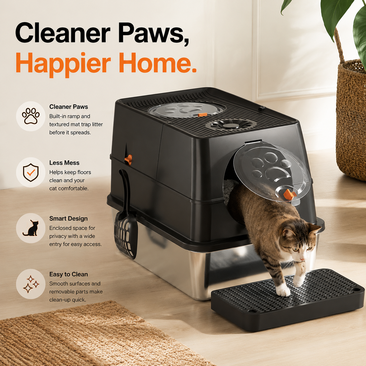 Large Covered Cat Litter Box – Stainless Steel Tray, Front Entry, Anti-Tracking Mat, Scoop & Filter