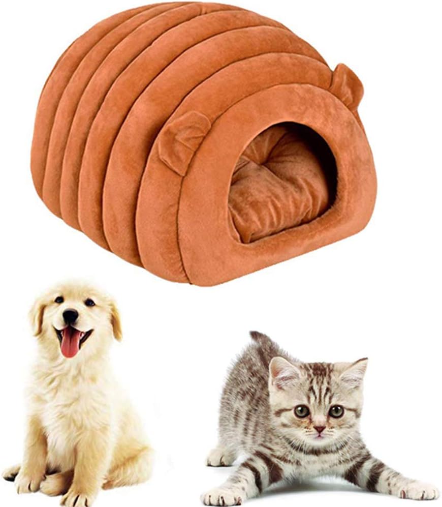 Orange & Brown Cat Cave Bed – Foldable Semi-Enclosed Pet House
