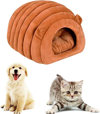 Orange & Brown Cat Cave Bed – Foldable Semi-Enclosed Pet House