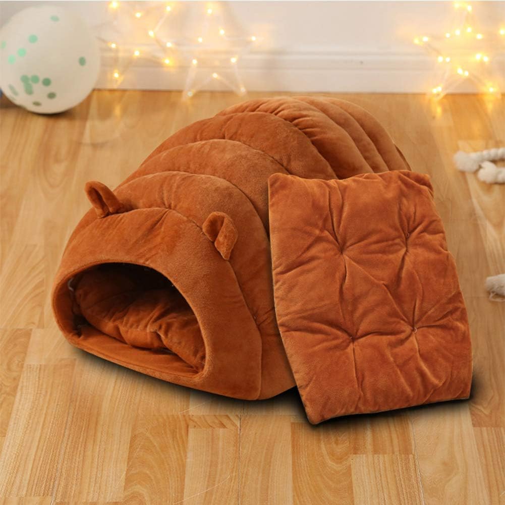 Orange & Brown Cat Cave Bed – Foldable Semi-Enclosed Pet House