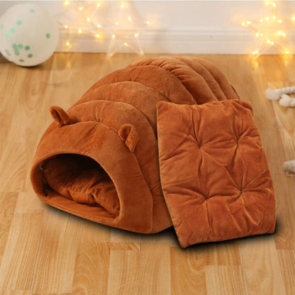 Orange & Brown Cat Cave Bed – Foldable Semi-Enclosed Pet House