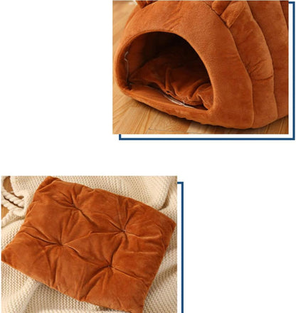 Orange & Brown Cat Cave Bed – Foldable Semi-Enclosed Pet House