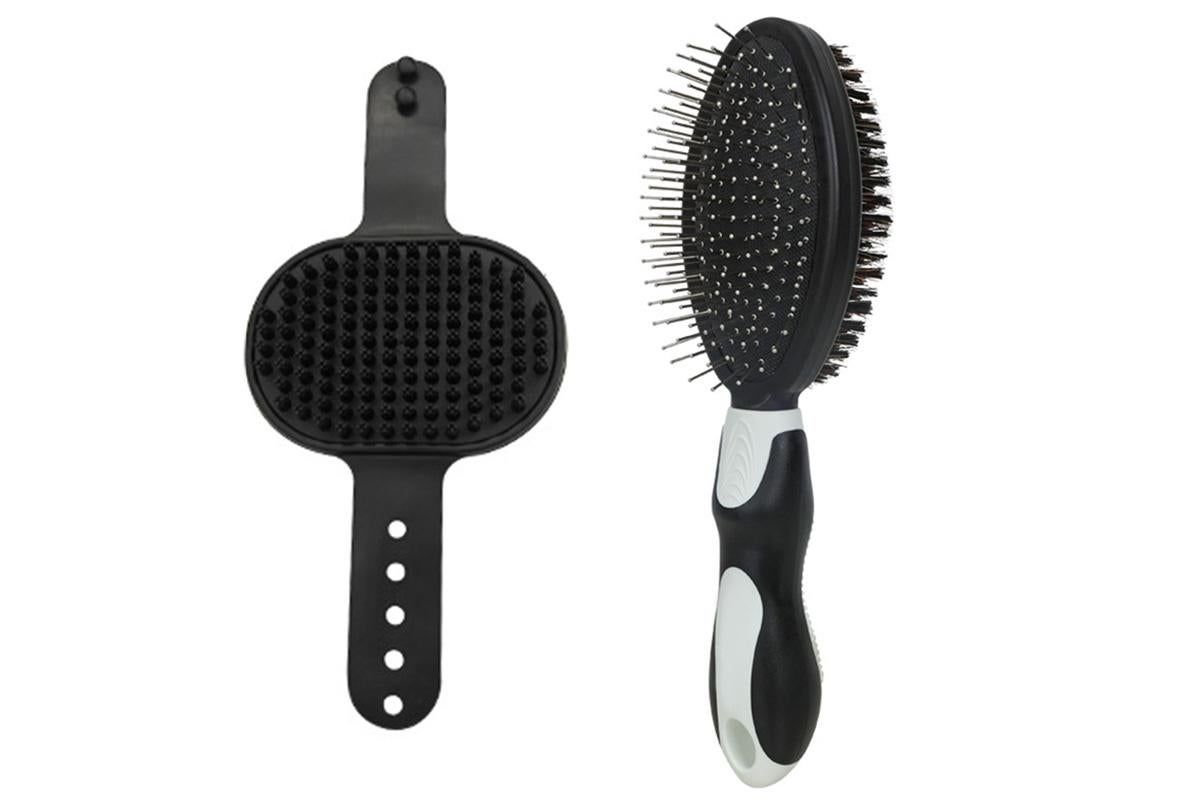 Pet Grooming Brush Set 2-Pack – Double-Sided Deshedding Brush & Bath Brush (Black)