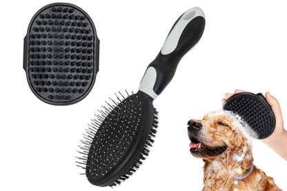 Pet Grooming Brush Set 2-Pack – Double-Sided Deshedding Brush & Bath Brush (Black)