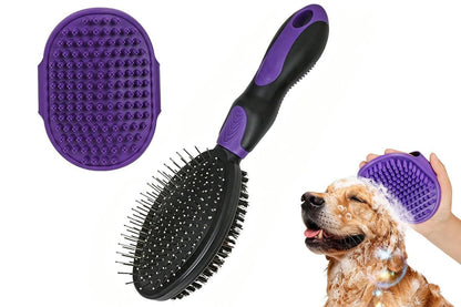 Pet Grooming Brush Set 2-Pack – Double-Sided Deshedding Brush & Bath Brush (Black)
