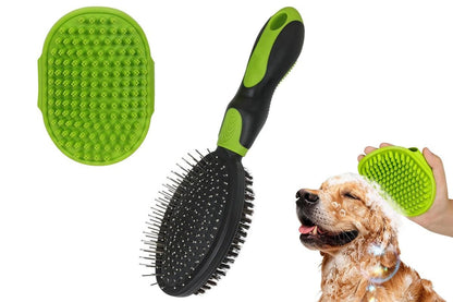 Pet Grooming Brush Set 2-Pack – Double-Sided Deshedding Brush & Bath Brush (Black)