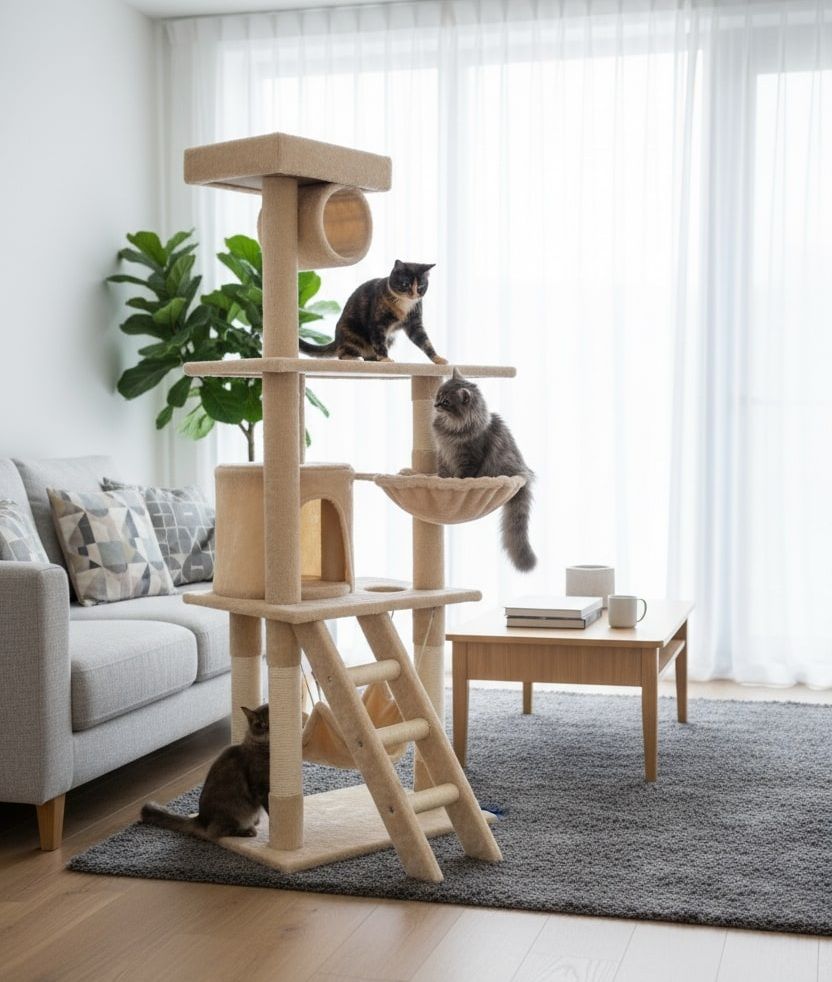 CARLA HOME 141cm Cat Tree Tower for Indoor Cats – Plush Perch, Ladder, Hammock & Condo (Beige)