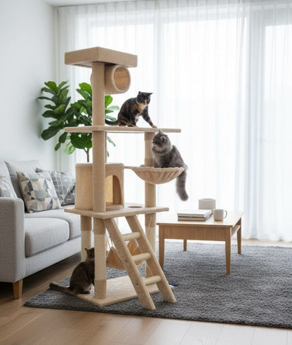 CARLA HOME 141cm Cat Tree Tower for Indoor Cats – Plush Perch, Ladder, Hammock & Condo (Beige)