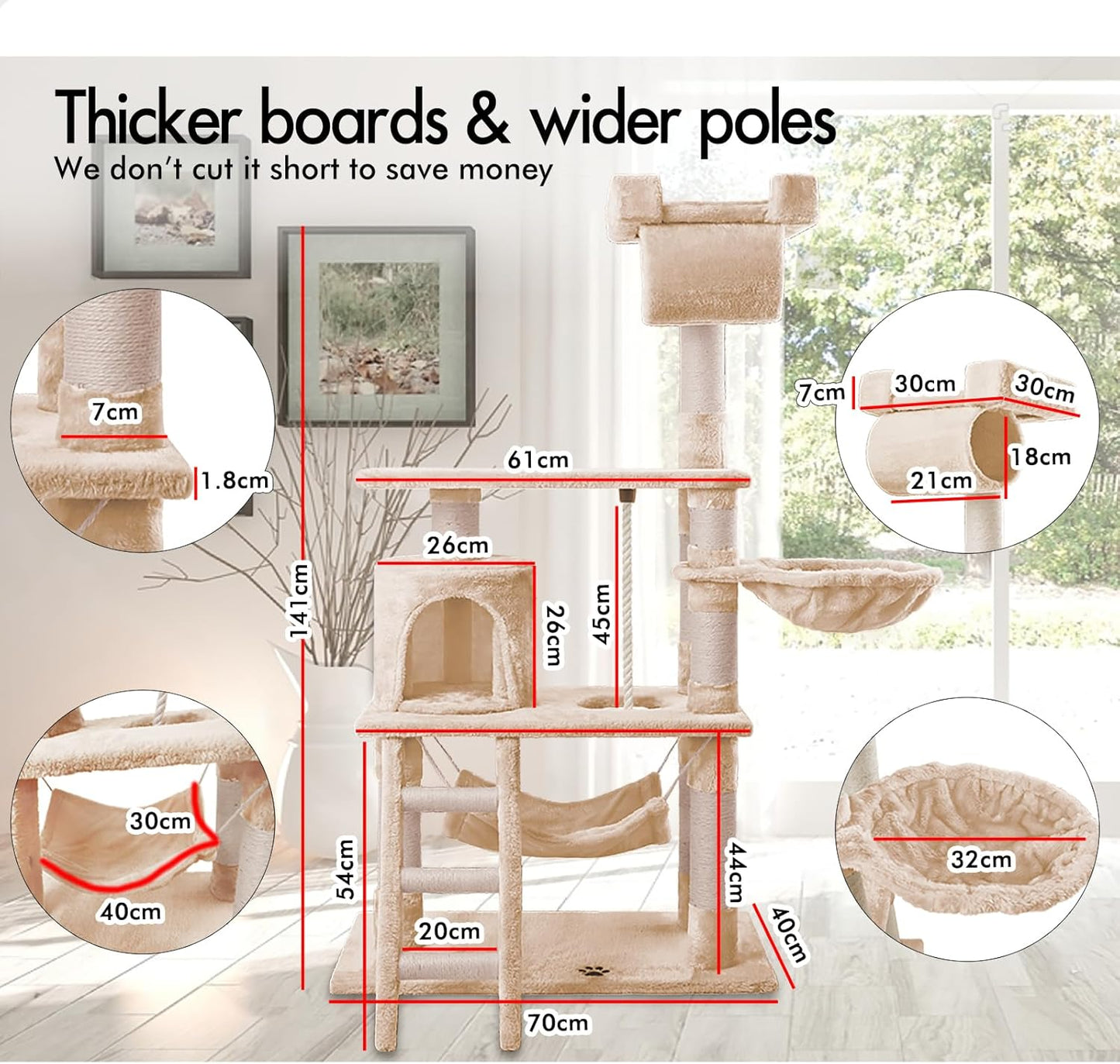 CARLA HOME 141cm Cat Tree Tower for Indoor Cats – Plush Perch, Ladder, Hammock & Condo (Beige)
