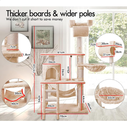 CARLA HOME 141cm Cat Tree Tower for Indoor Cats – Plush Perch, Ladder, Hammock & Condo (Beige)