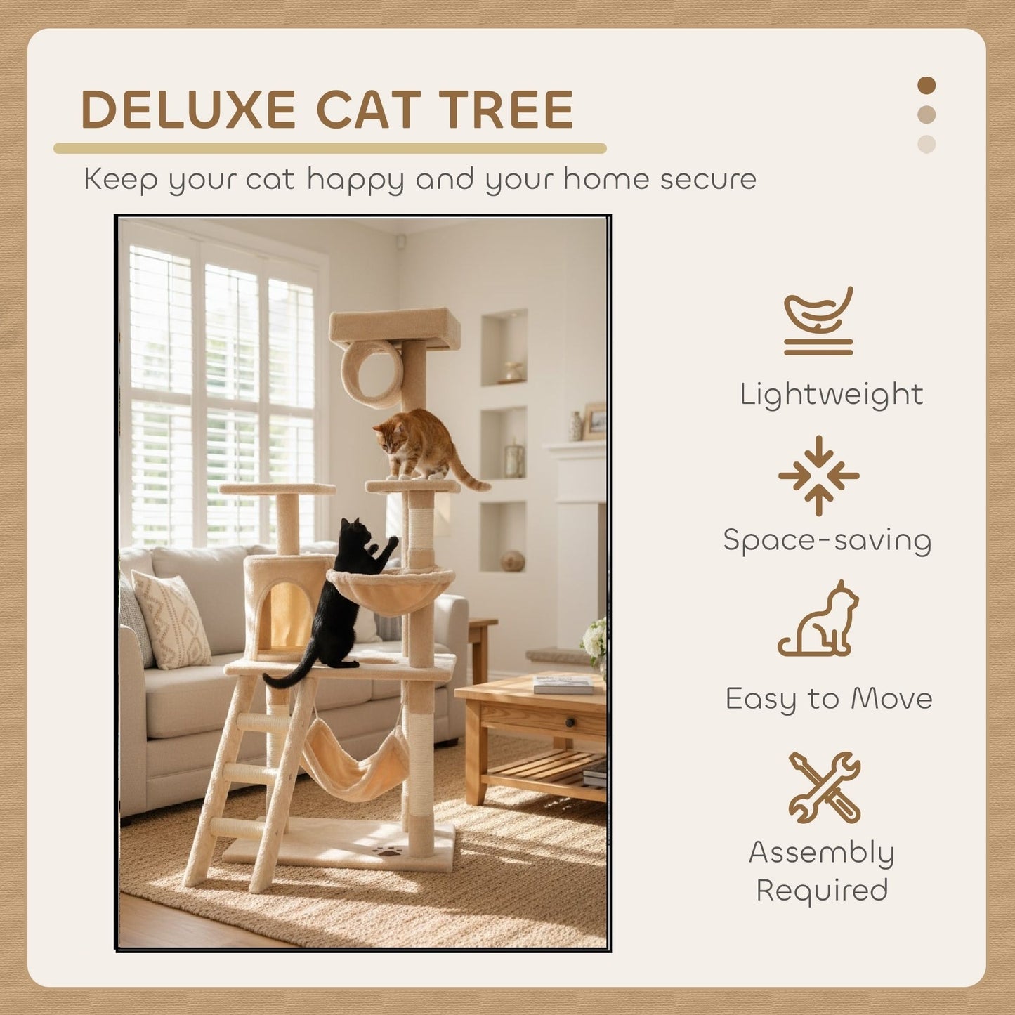 CARLA HOME 141cm Cat Tree Tower for Indoor Cats – Plush Perch, Ladder, Hammock & Condo (Beige)