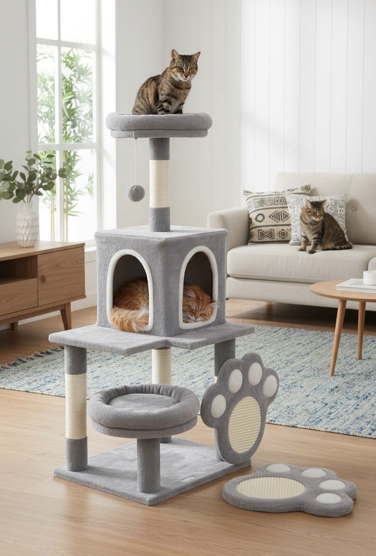 CARLA HOME Large Cat Tree Tower for Indoor Cats – Plush Perch, Condo, Sisal Posts, Hanging Ball & Paw Scratcher