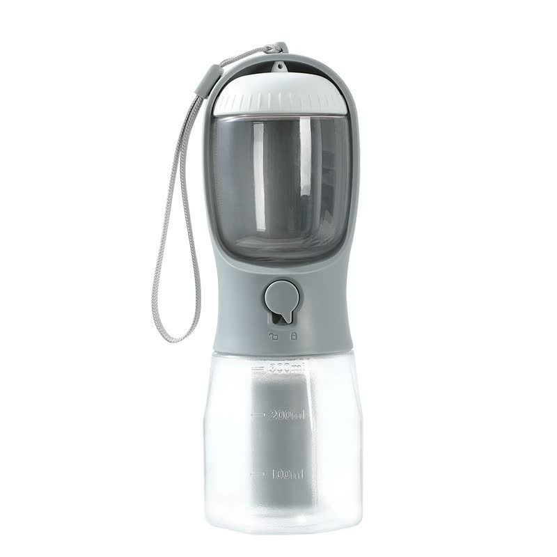 Gray 3-in-1 Portable Pet Water Bottle – 300mL with Food Storage & Waste Bag Dispenser