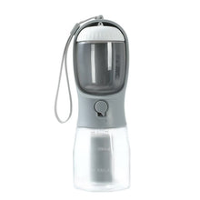 Gray 3-in-1 Portable Pet Water Bottle – 300mL with Food Storage & Waste Bag Dispenser