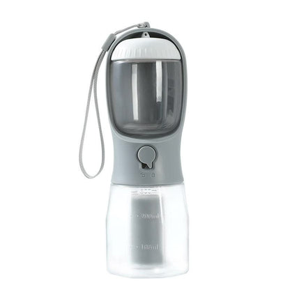 Gray 3-in-1 Portable Pet Water Bottle – 300mL with Food Storage & Waste Bag Dispenser