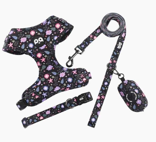 Crushed Black Adjustable Soft Pet Harness with Leash & Poop Bag Dispenser – Size XS