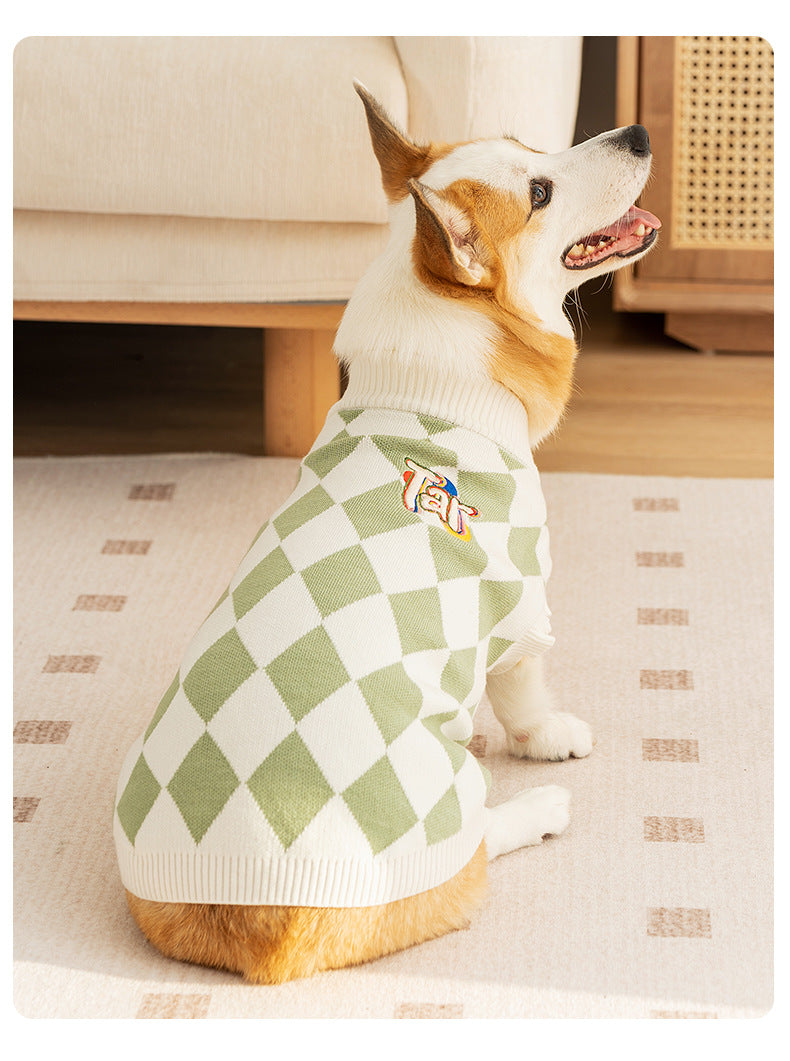Classic Argyle Dog Sweater - Green & White Knit for Corgis & Medium Breeds (Size : L)