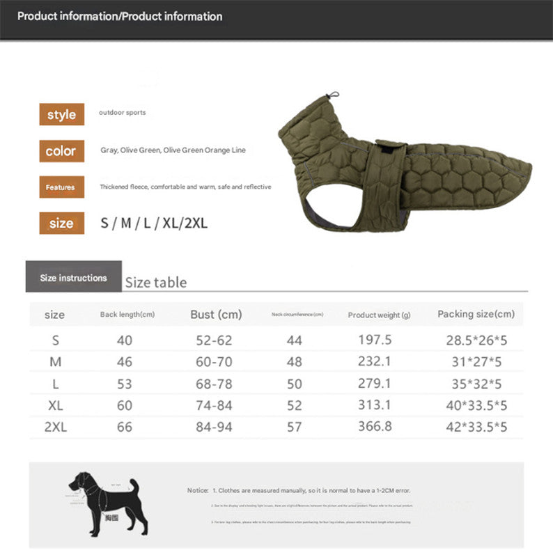 Olive Green Quilted Dog Winter Coat – Fleece-Lined Puffer Vest, Size 2XL