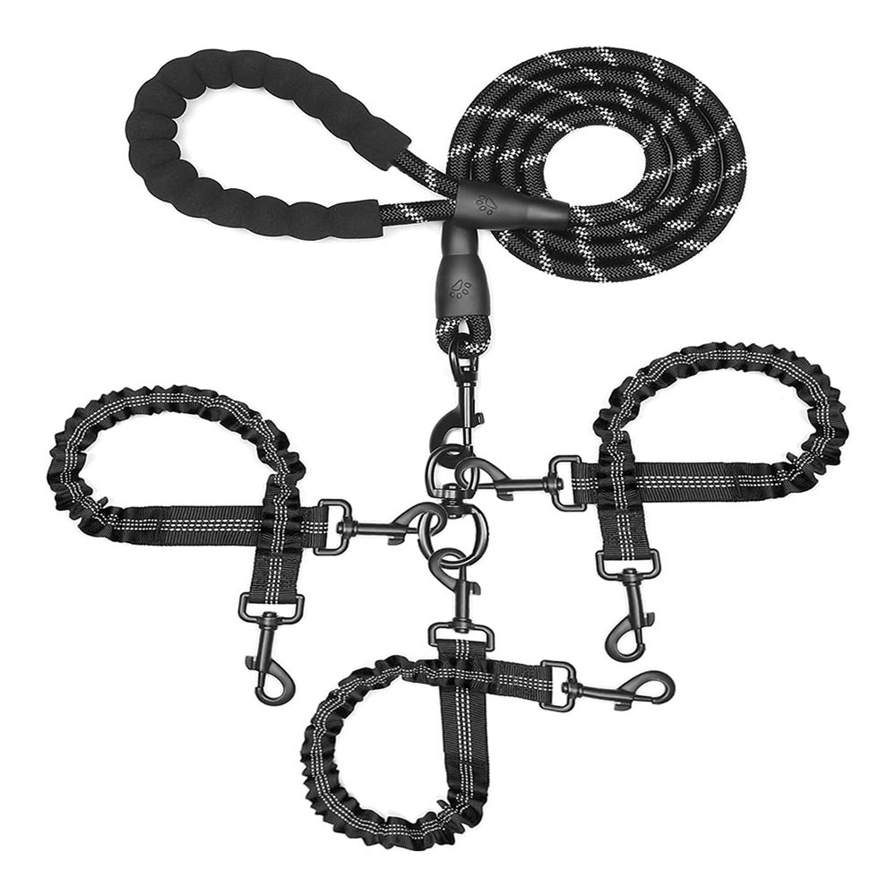 Black 3-in-1 Tangle-Free Dog Leash for 1-3 Dogs – Bungee Coupler, Reflective & Padded Handle