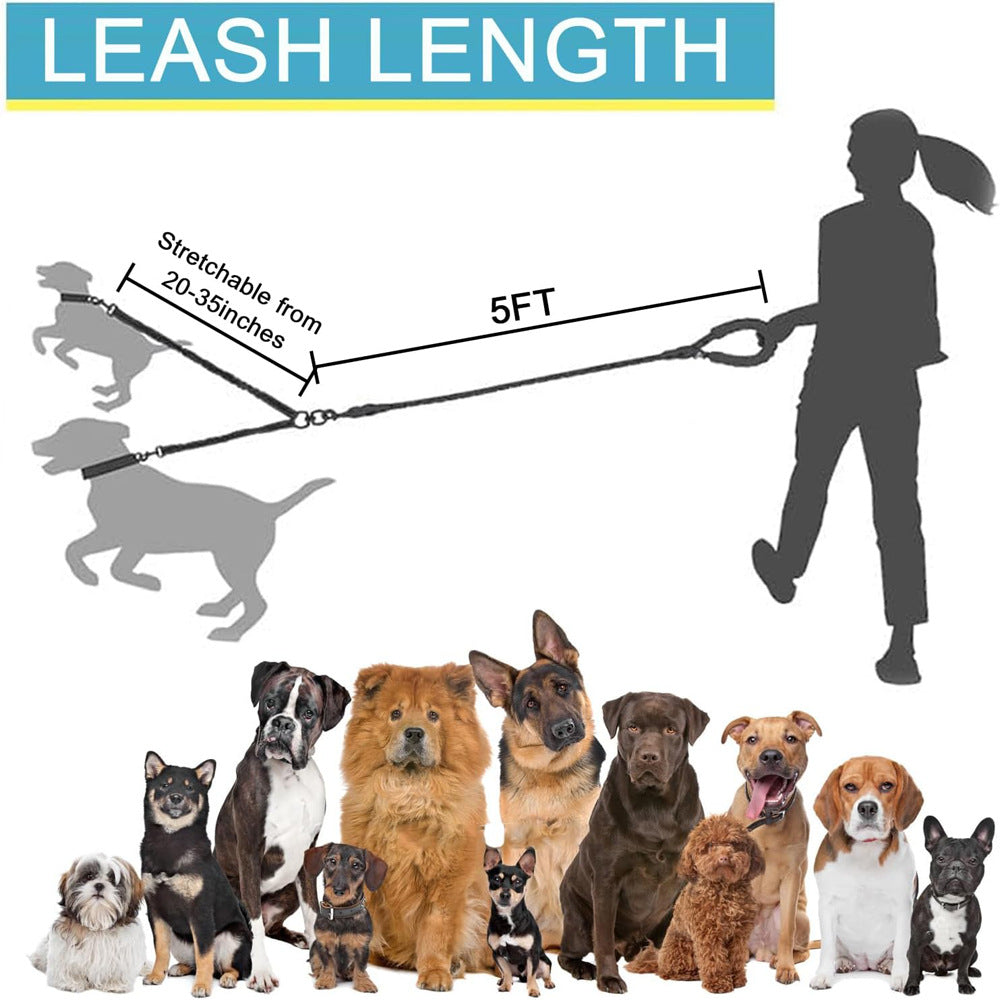 Black 3-in-1 Tangle-Free Dog Leash for 1-3 Dogs – Bungee Coupler, Reflective & Padded Handle