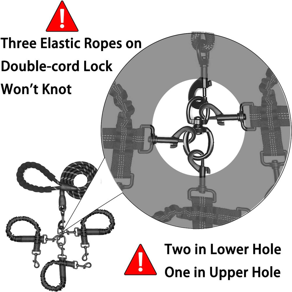 Black 3-in-1 Tangle-Free Dog Leash for 1-3 Dogs – Bungee Coupler, Reflective & Padded Handle