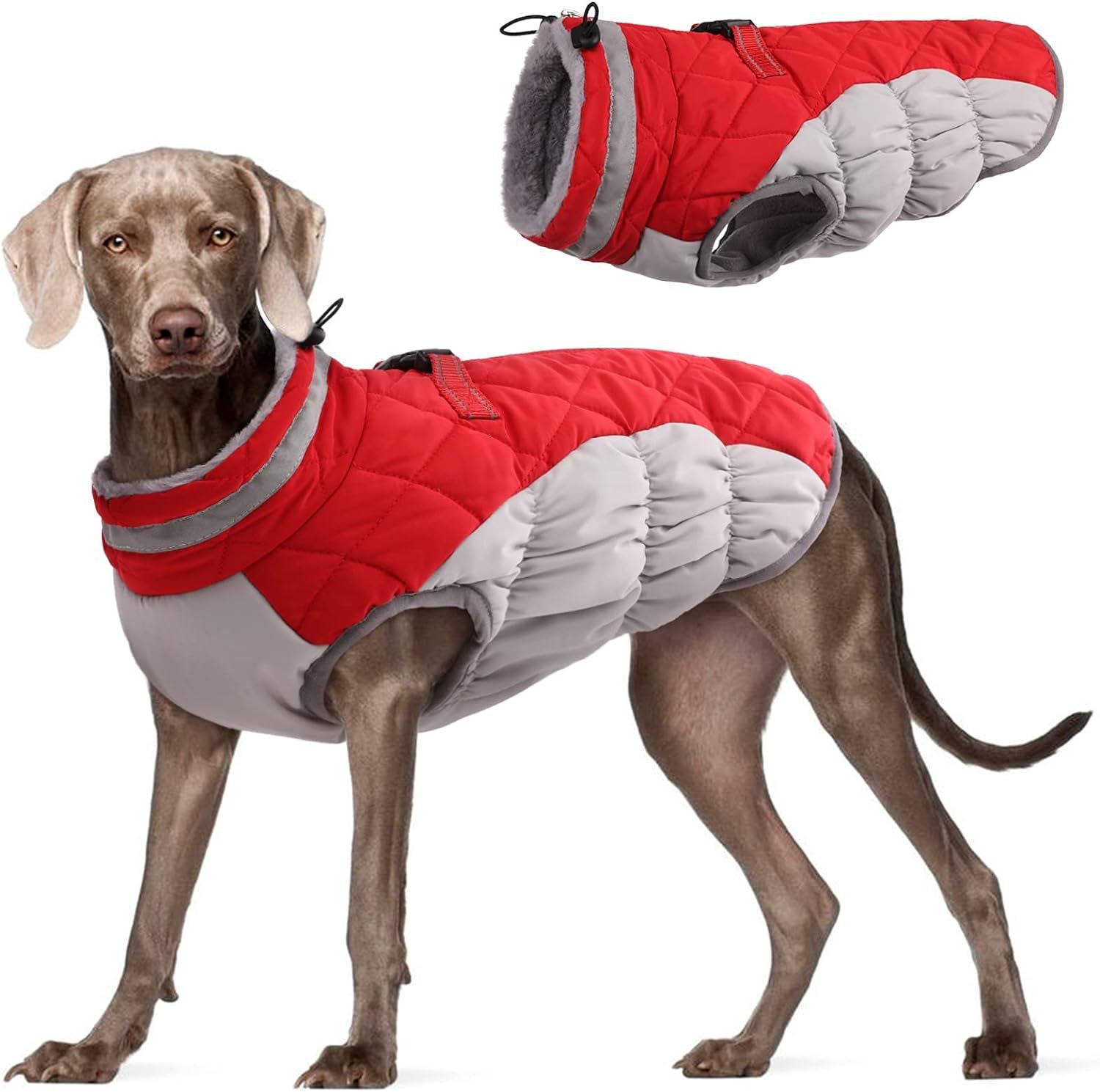 Red & Grey Premium Winter Puffer Dog Coat – Windproof & Fleece-Lined, Size XL