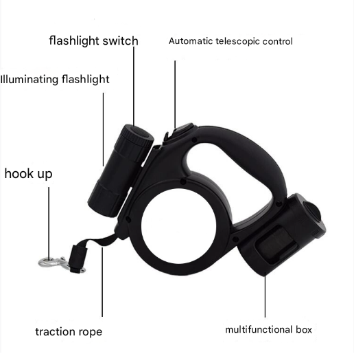 Black 3-in-1 Retractable Dog Leash with LED Flashlight & Waste Bag Dispenser – 5m, up to 20kg
