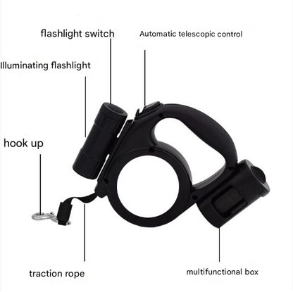 Black 3-in-1 Retractable Dog Leash with LED Flashlight & Waste Bag Dispenser – 5m, up to 20kg