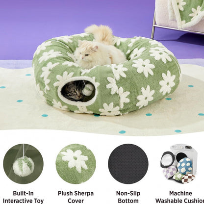2-in-1 Cat Tunnel Bed – Purple Daisy 80cm