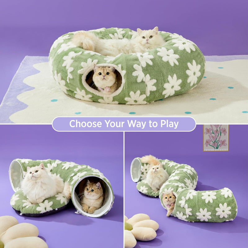 2-in-1 Cat Tunnel Bed – Purple Daisy 80cm