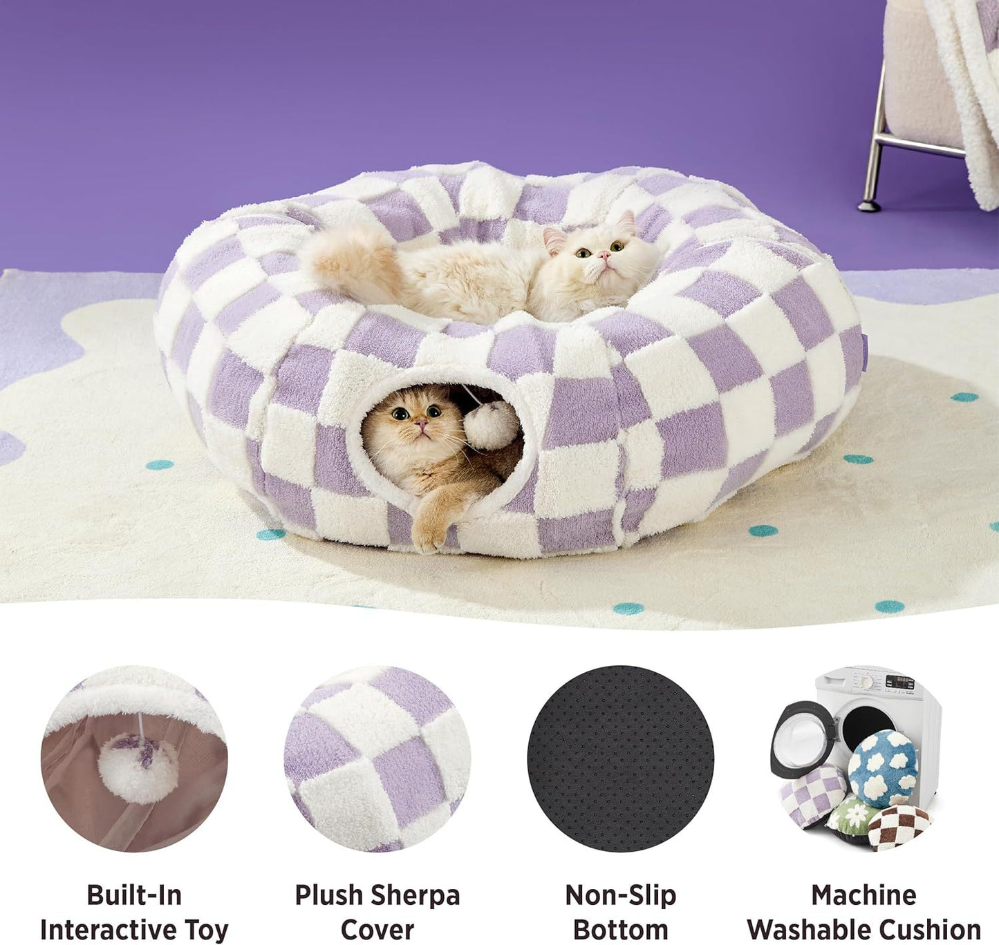 2-in-1 Cat Tunnel Bed – Purple Daisy 80cm