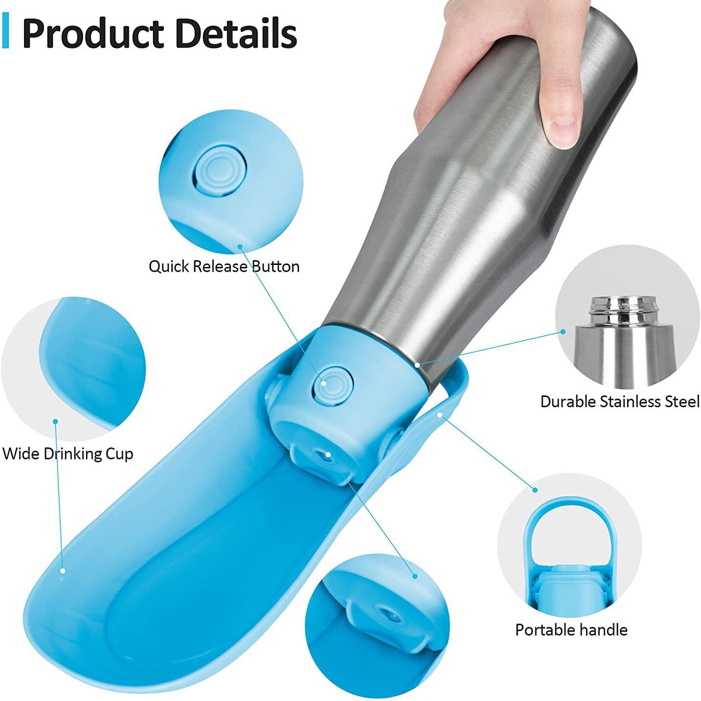 Black Stainless Steel Pet Water Bottle – 750ml Travel Bottle for Dogs & Cats