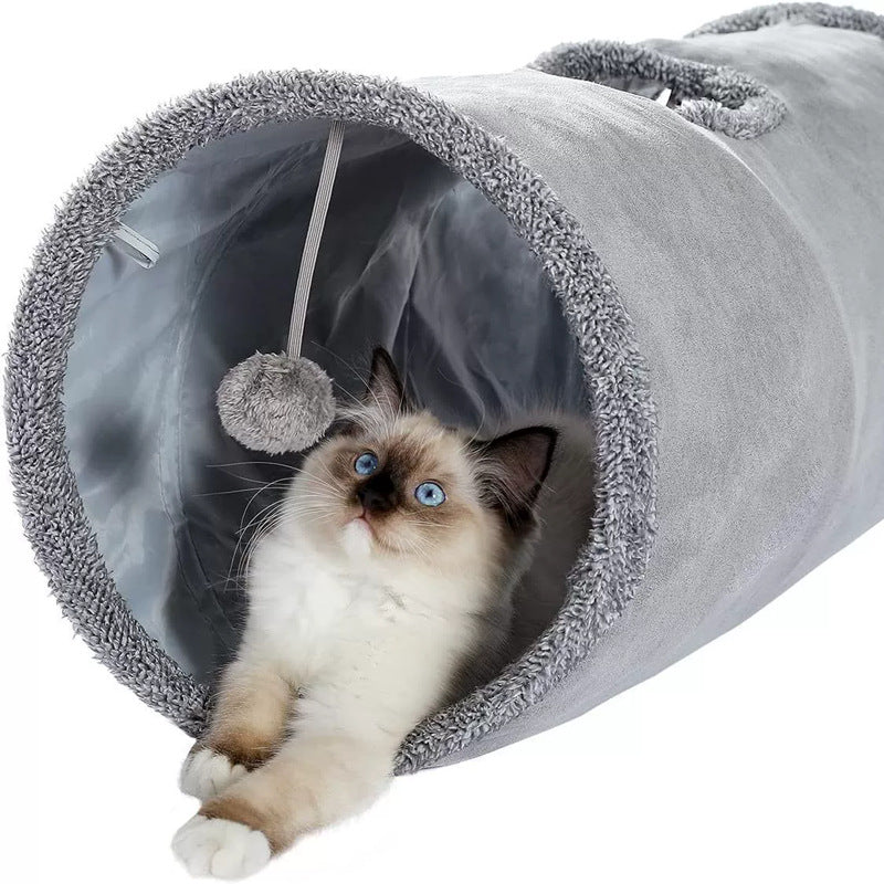 Grey Foldable Suede Cat Tunnel – 130cm, Crinkle Interior & Plush Ball
