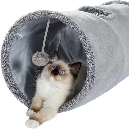 Grey Foldable Suede Cat Tunnel – 130cm, Crinkle Interior & Plush Ball
