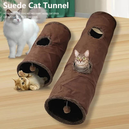 Grey Foldable Suede Cat Tunnel – 130cm, Crinkle Interior & Plush Ball