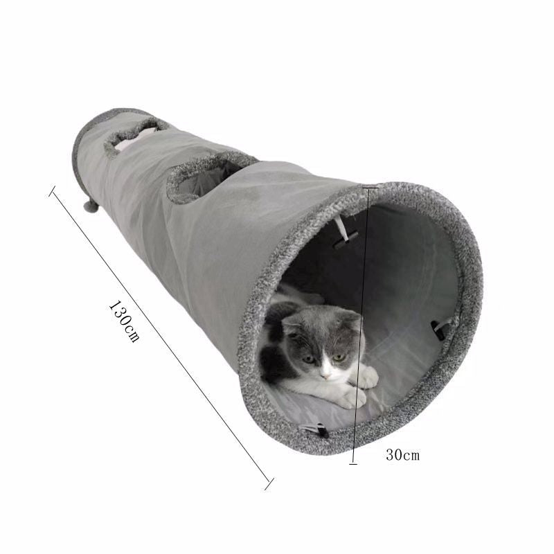 Grey Foldable Suede Cat Tunnel – 130cm, Crinkle Interior & Plush Ball