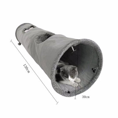 Grey Foldable Suede Cat Tunnel – 130cm, Crinkle Interior & Plush Ball