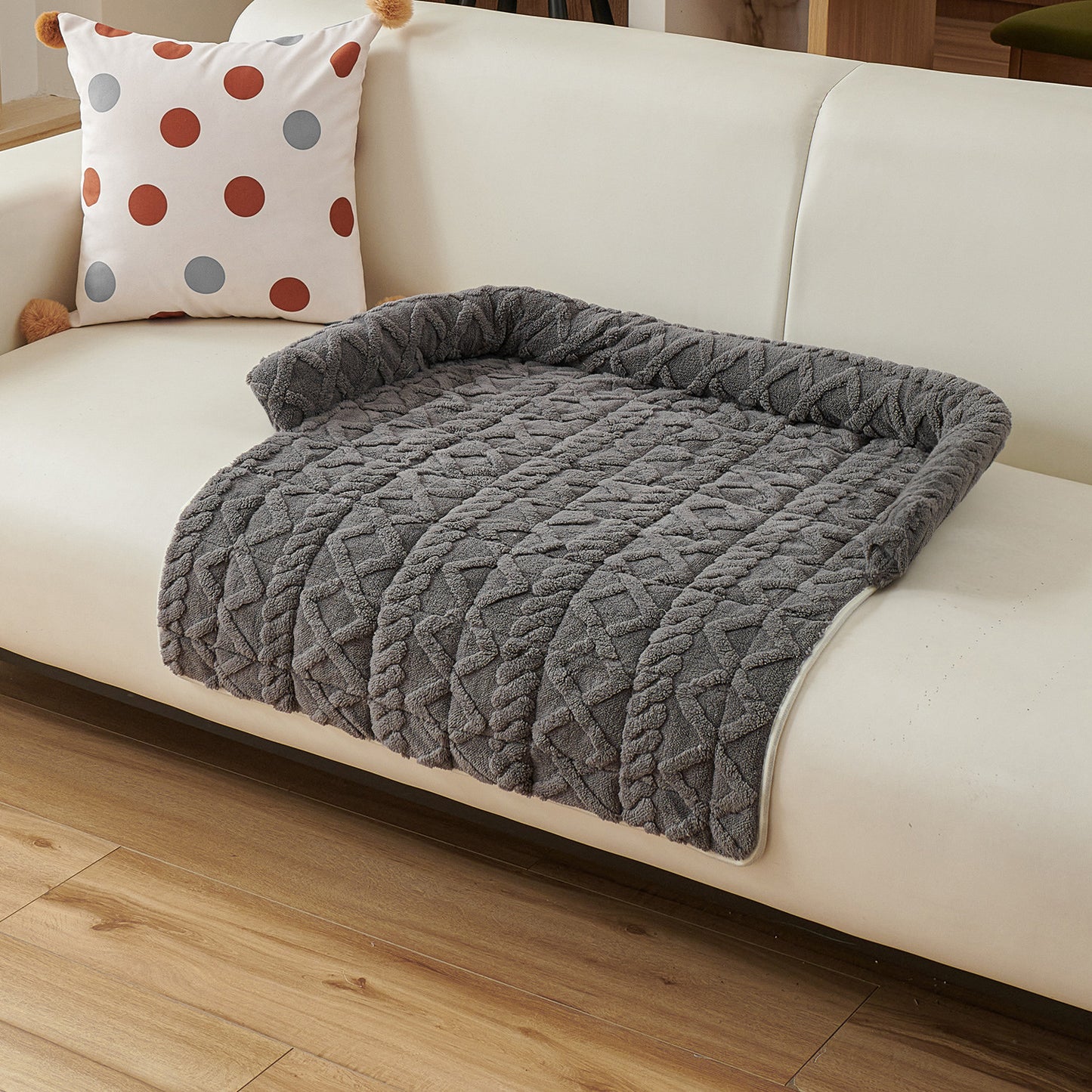 Dark Grey Pet Sofa Protector & Calming Bolster Bed – 75x75cm Cable Knit