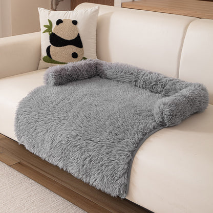 Grey Pet Sofa Protector & Calming Bolster Bed – 75x75cm Long Plush